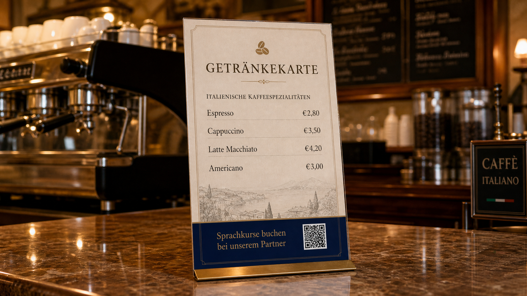 Getränkekarte mit Sprachkurs-Slogan und QR-Code am unteren Rand
