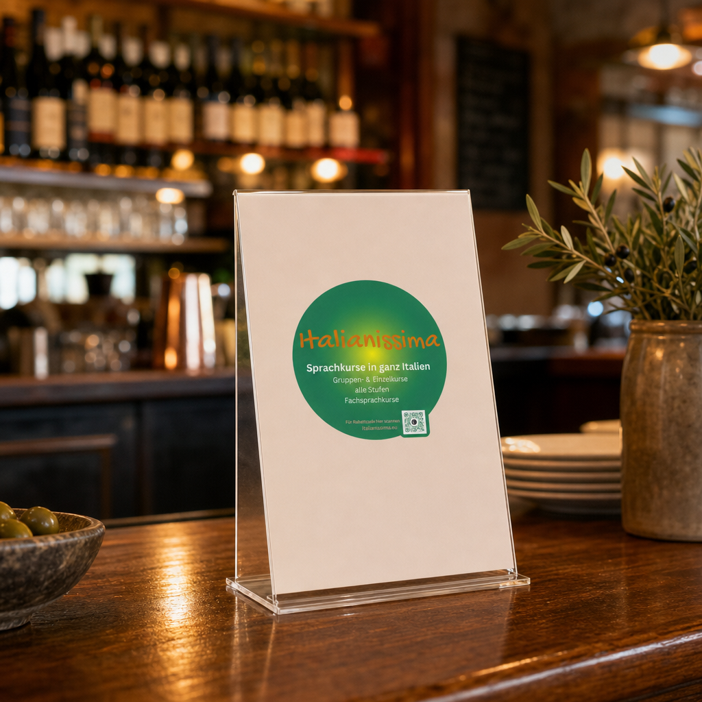 Italianissima-Tischbanner auf einem Restauranttresen