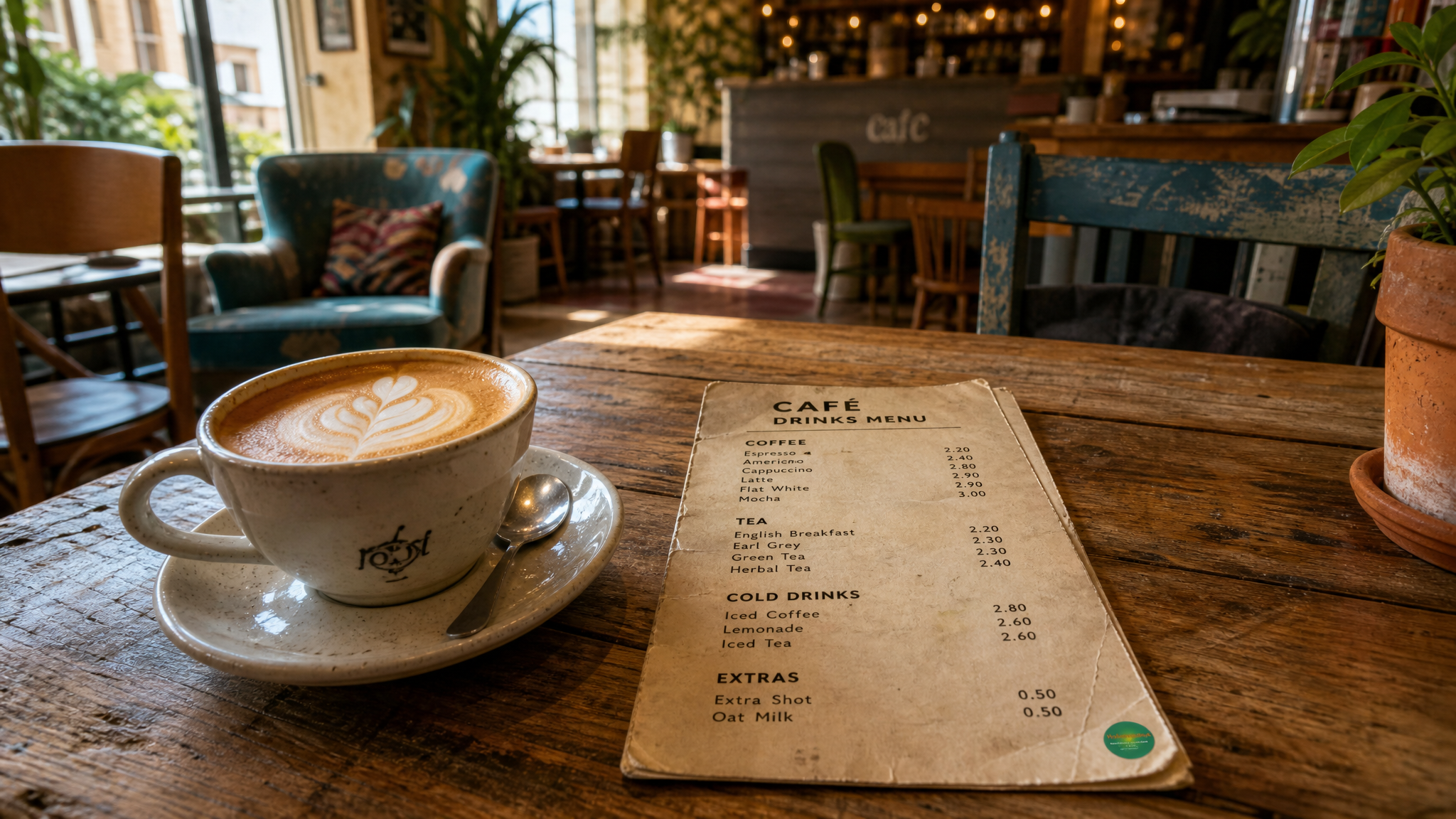 Leicht abgegriffene Getränkekarte auf dem Tisch eines individuellen Coffeeshops neben einem Cappuccino, mit kleinem dezentem Sprachkurs-Sticker